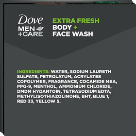 Dove Men+Care 32 fl oz bottle next to everyday items showing large size advantage