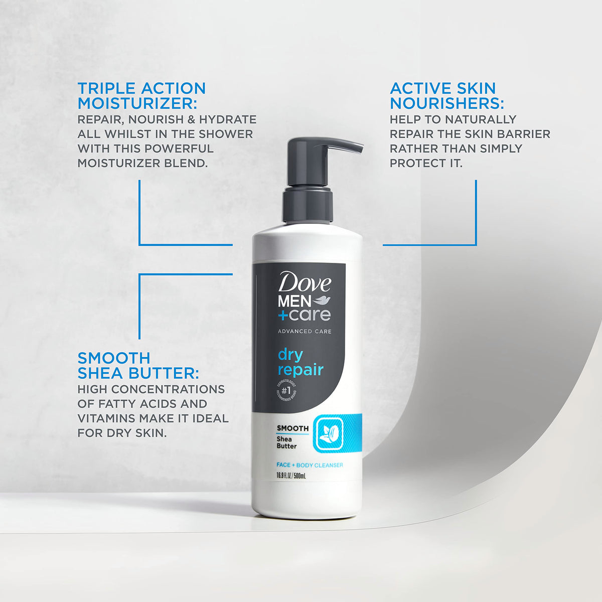 Dove Men+Care three bottles size scale illustrating value pack convenience