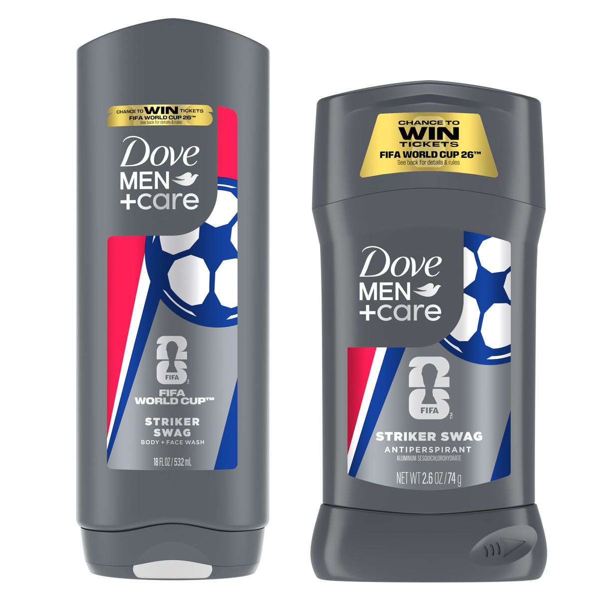 DOVE MEN + CARE front packaging showing limited edition FIFA design and contents