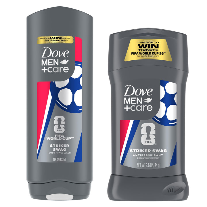 DOVE MEN + CARE front packaging showing limited edition FIFA design and contents