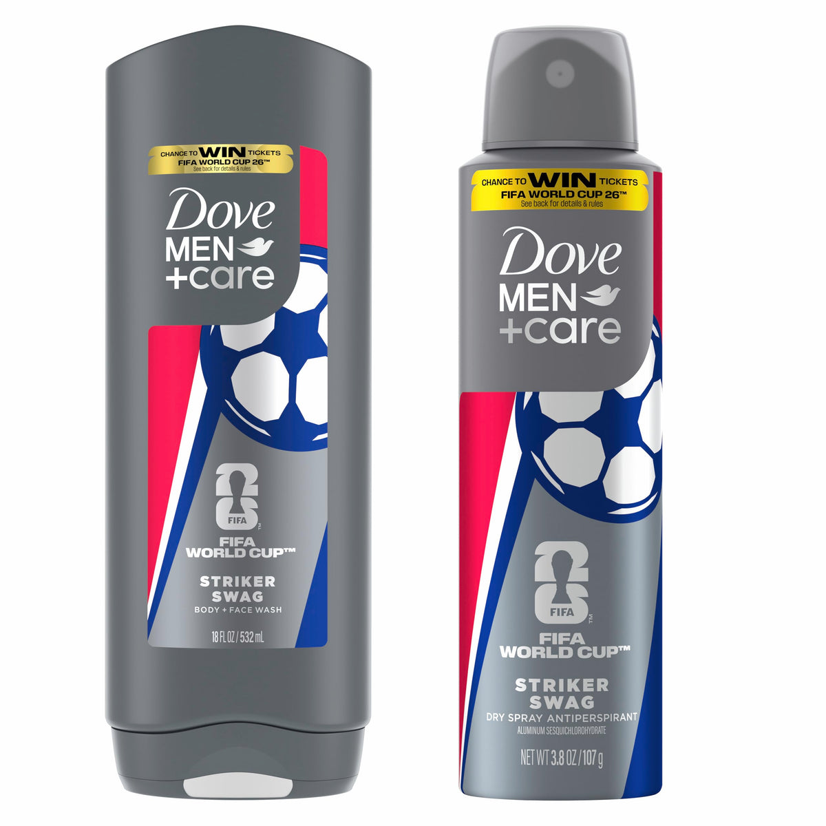 DOVE MEN+CARE front packaging showing limited edition FIFA design and benefits