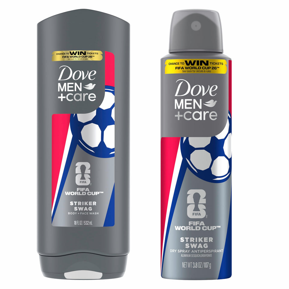 DOVE MEN+CARE front packaging showing limited edition FIFA design and benefits