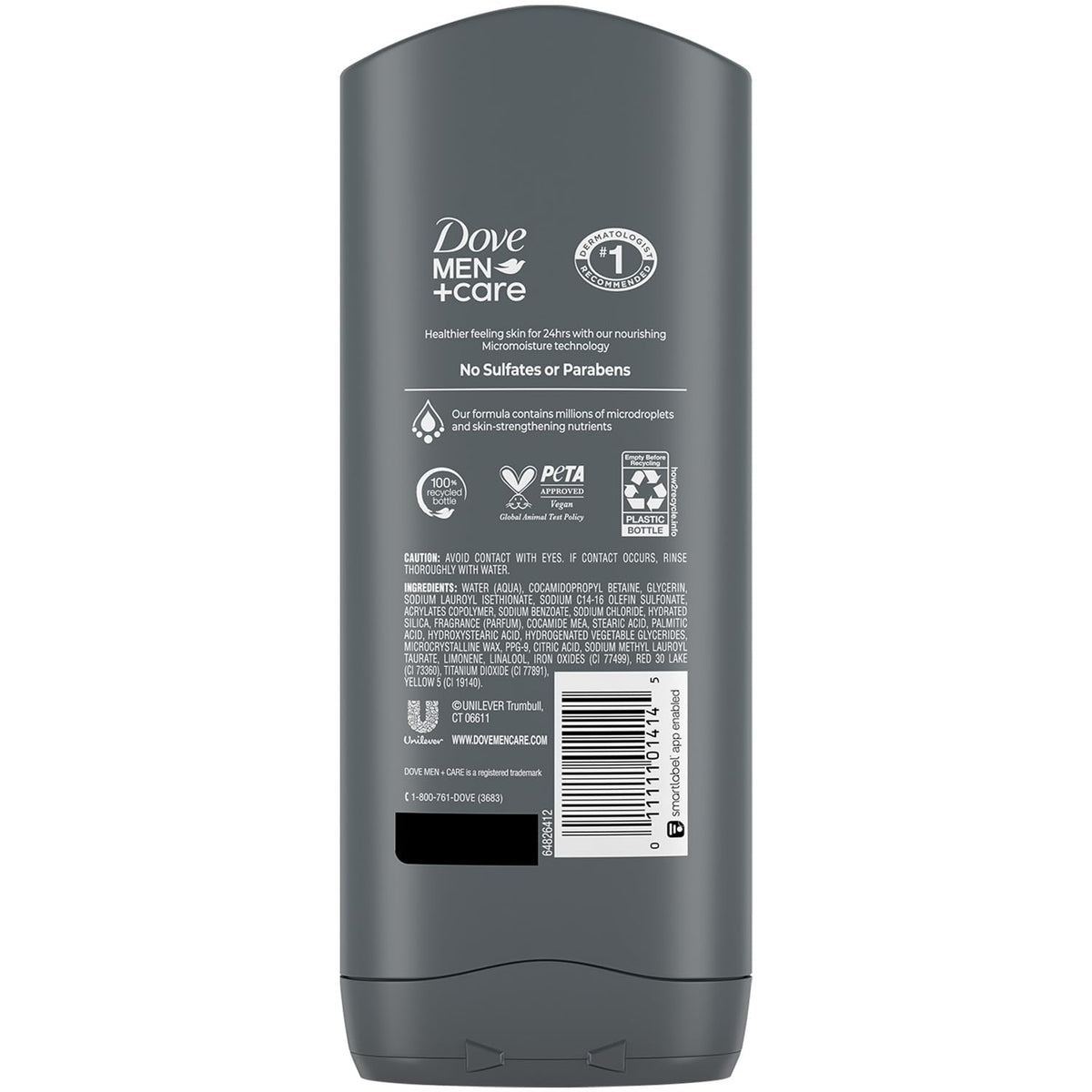 Dove Men+Care close-up of label and cap highlighting easy-squeeze recycled bottle