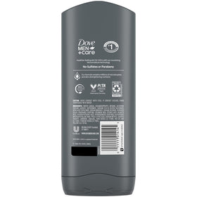Dove Men+Care close-up of label and cap highlighting easy-squeeze recycled bottle