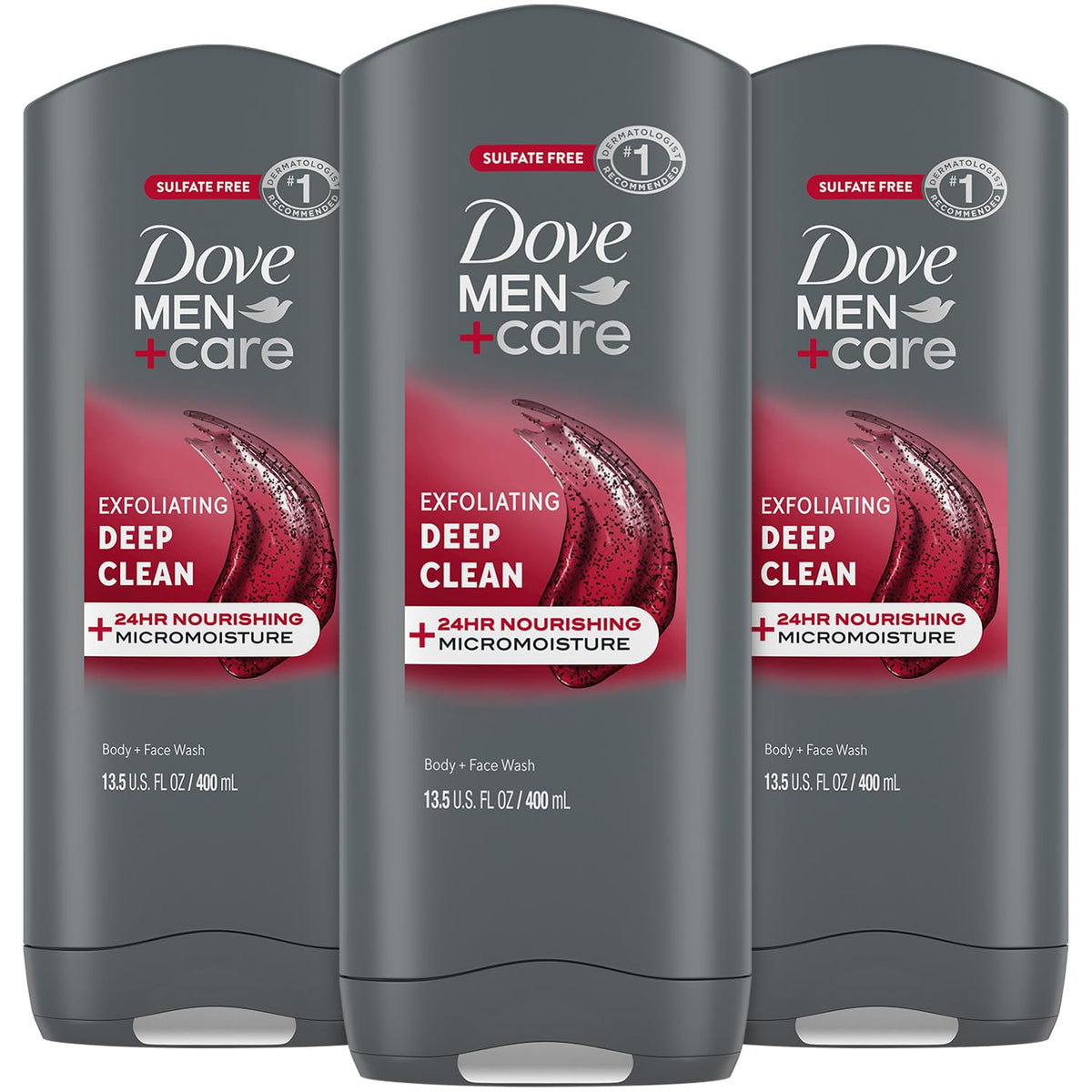 Dove Men+Care front packaging showing three 13.5 oz bottles and value pack benefit