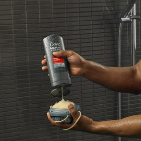 Dove Men+Care on bathroom vanity with toiletries showing grooming routine fit
