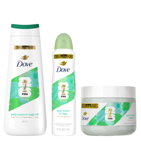 Dove front packaging showing palo santo and sage oil scent and hydrating benefit
