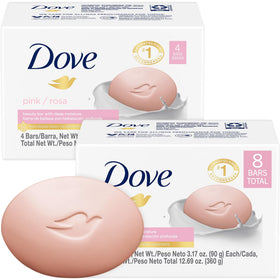 Dove pink beauty bar front packaging showing two bars and benefits