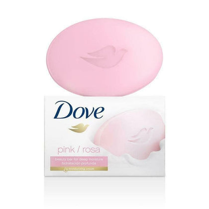 Dove pink beauty bar front packaging showing moisturizing benefit and gentle cleansing