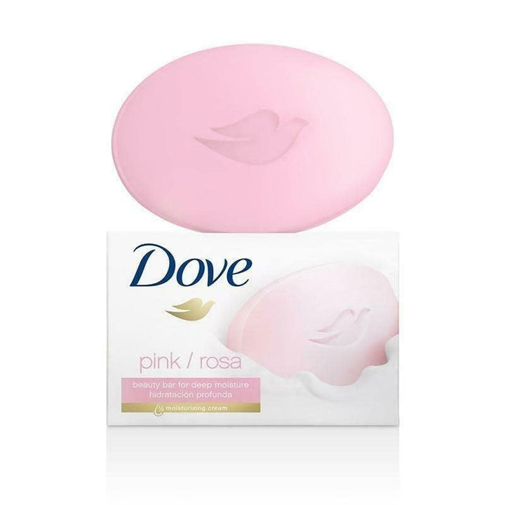 Dove pink beauty bar front packaging showing moisturizing benefit and gentle cleansing