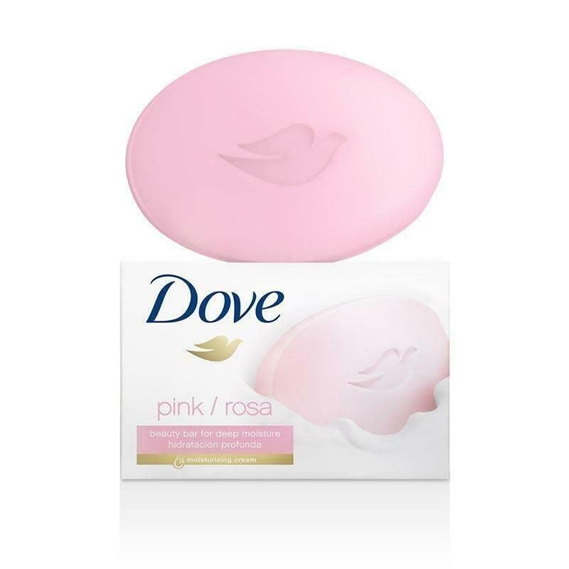 Dove pink beauty bar front packaging showing moisturizing benefit and gentle cleansing