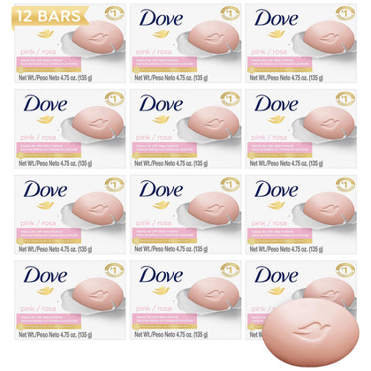 Dove pink beauty bar front packaging showing 12-pack and gentle formula benefit