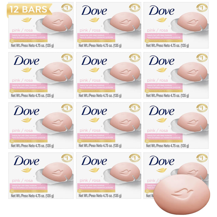 Dove pink beauty bar front packaging showing 12-pack and gentle formula benefit