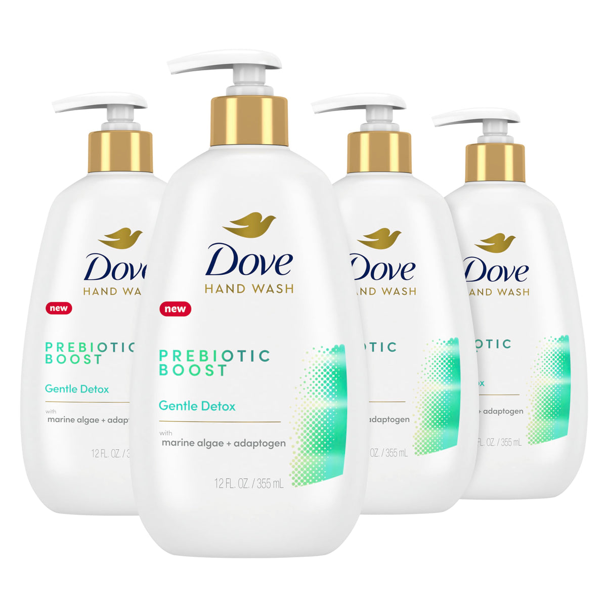 Dove bottle front packaging showing label and four-count convenience