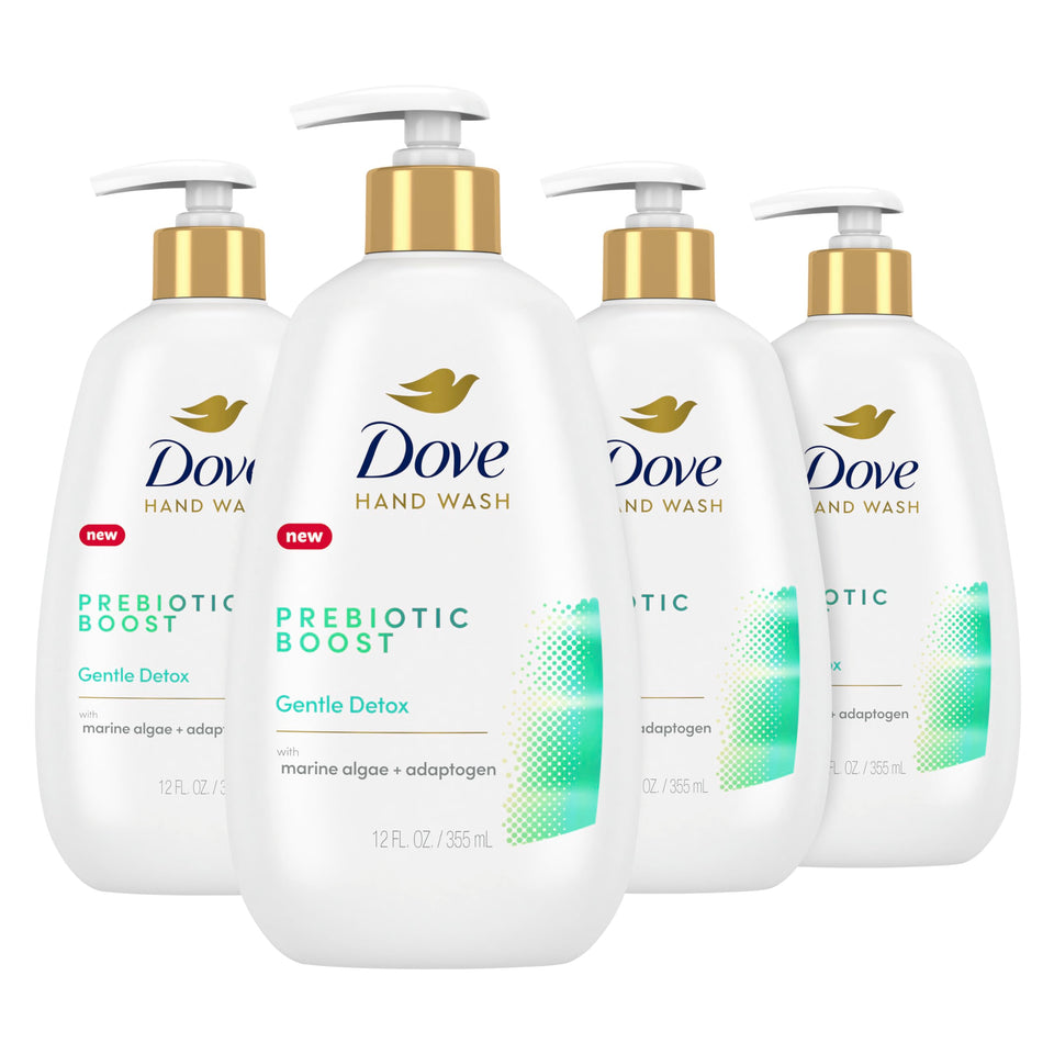 Dove bottle front packaging showing label and four-count convenience