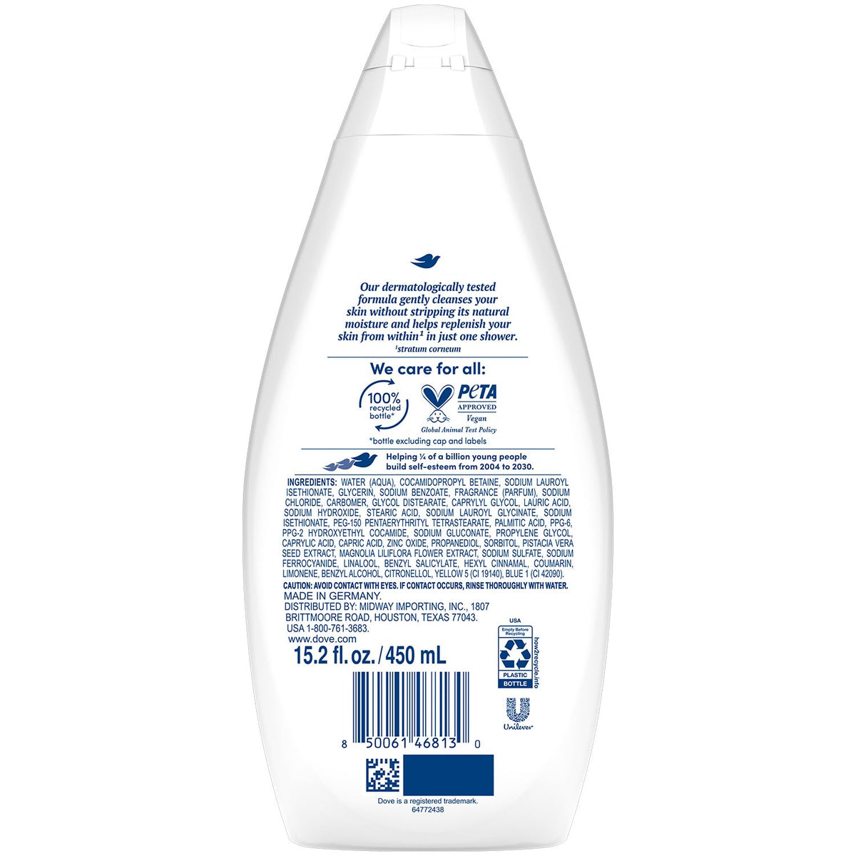 Dove pump bottle close-up highlighting easy-dispense and creamy texture