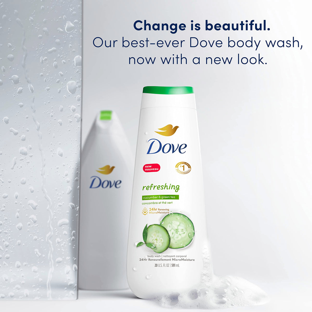 Dove pump dispensing body wash highlighting easy use and smooth application benefit