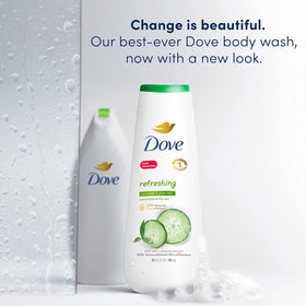Dove pump dispensing body wash highlighting easy use and smooth application benefit