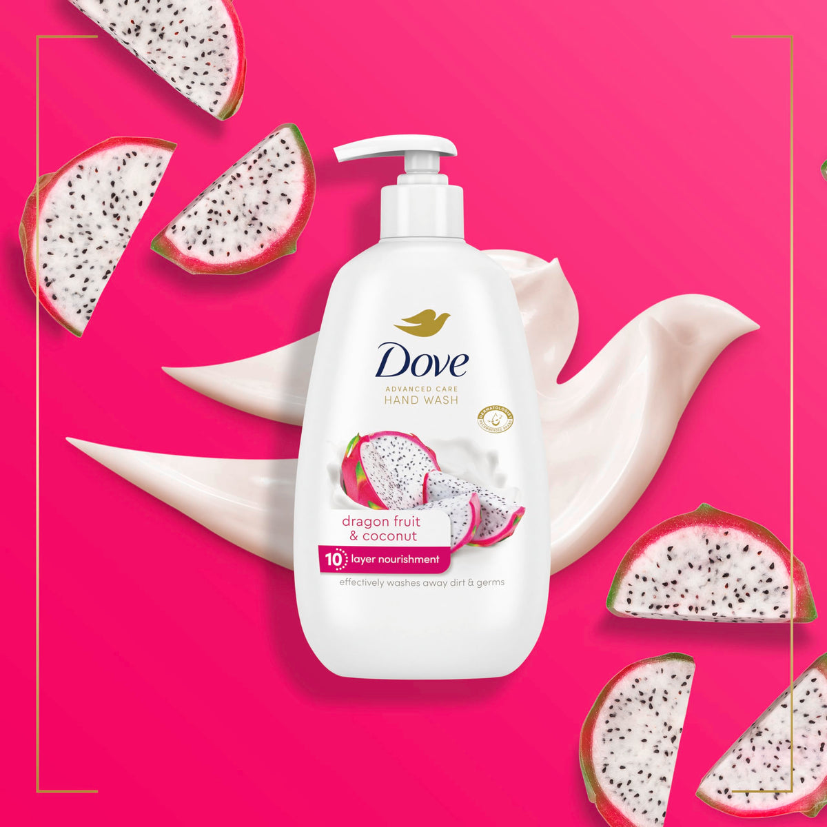Dove pump dispensing into hand illustrating easy use and moisture