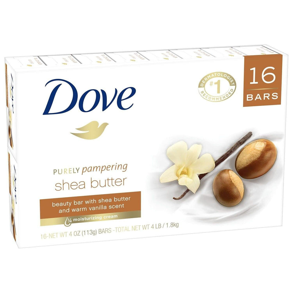 Dove front packaging showing 16 bars and warm vanilla scent for convenient supply