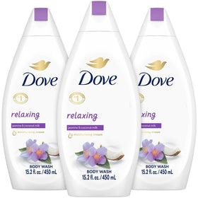 Dove relaxing body wash front packaging showing three bottles and calming scent