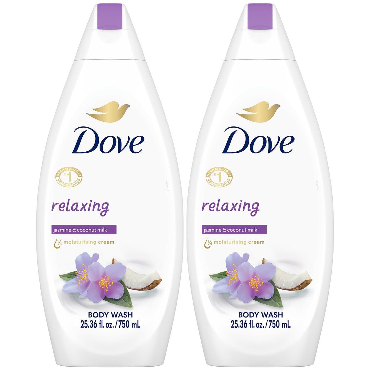 Dove bottle front packaging showing jasmine and coconut milk scent and moisturizing benefit