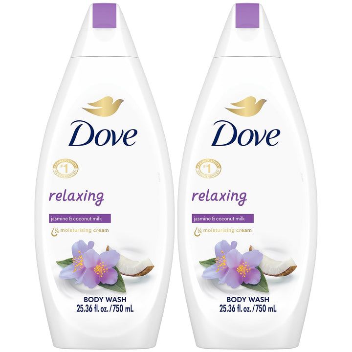 Dove bottle front packaging showing jasmine and coconut milk scent and moisturizing benefit