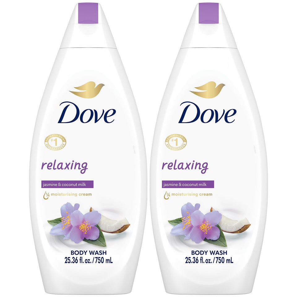 Dove bottle front packaging showing jasmine and coconut milk scent and moisturizing benefit