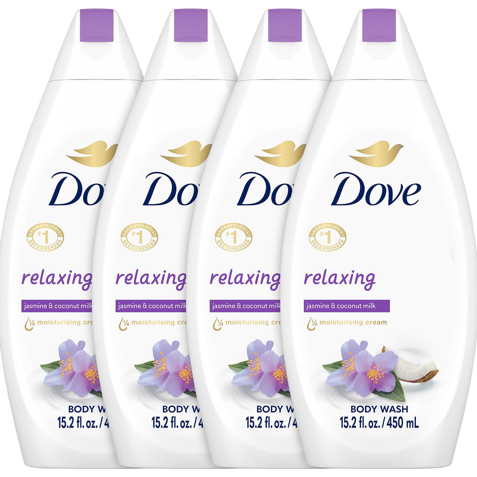 Dove bottle front packaging showing jasmine and coconut milk scent benefits