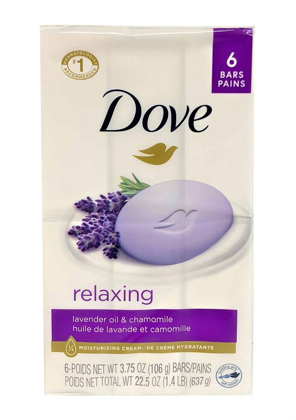 Dove bar front packaging showing lavender chamomile scent and moisturizing benefit