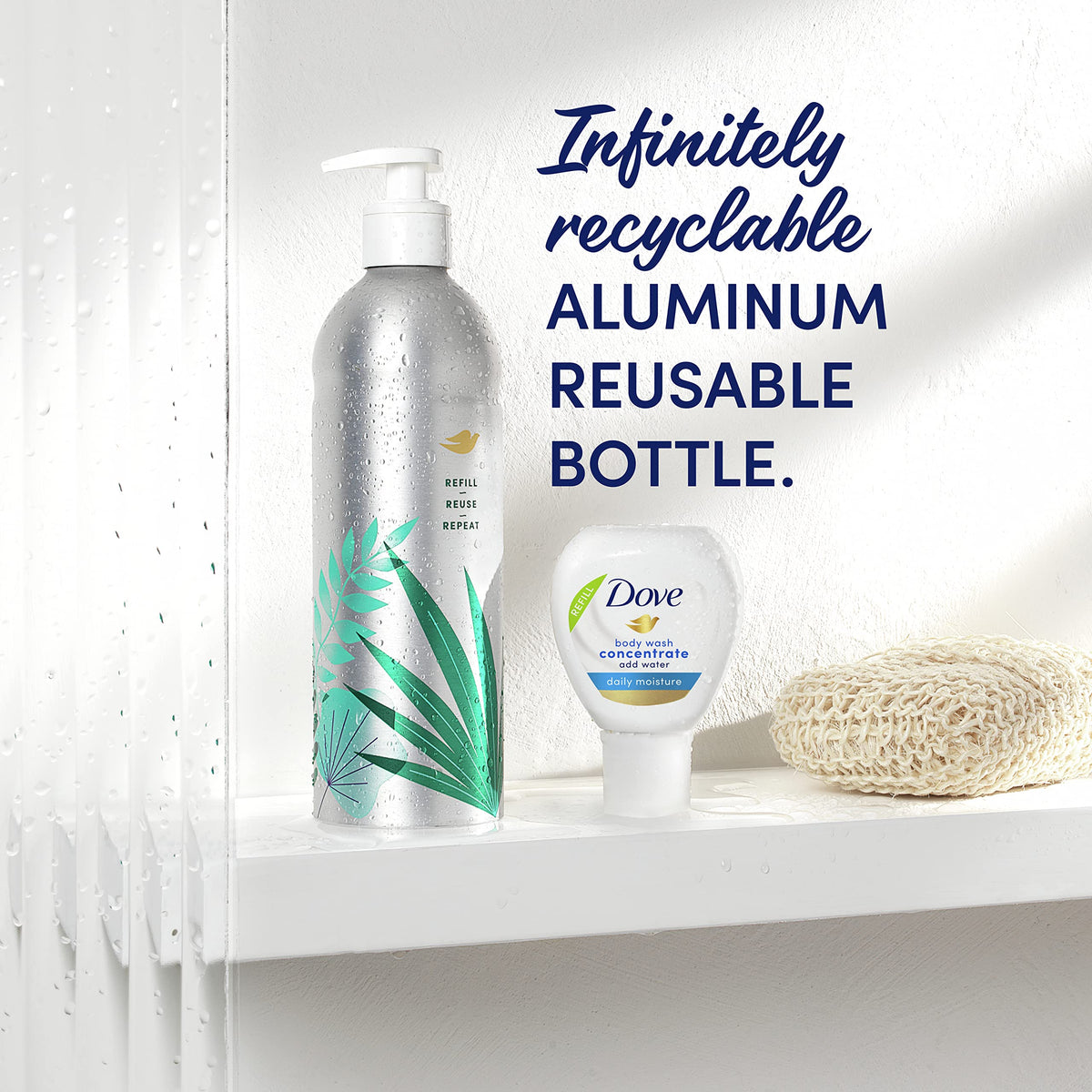 Dove reusable bottle being refilled with concentrate for reduced plastic