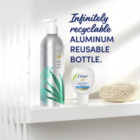 Dove reusable bottle being refilled with concentrate for reduced plastic
