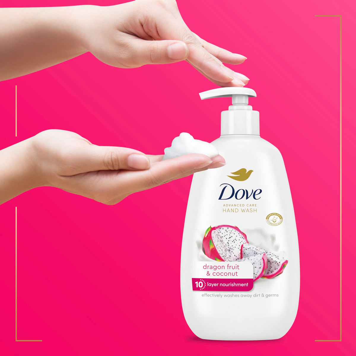 Dove bottle next to hand showing size and daily-use scale