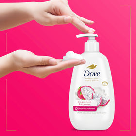 Dove bottle next to hand showing size and daily-use scale