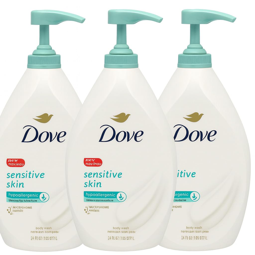 Dove sensitive body wash front packaging shows label and recycled bottle benefit