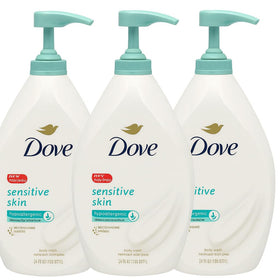 Dove sensitive body wash front packaging shows label and recycled bottle benefit