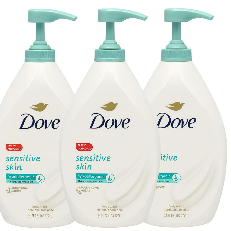 Dove sensitive body wash front packaging shows label and recycled bottle benefit