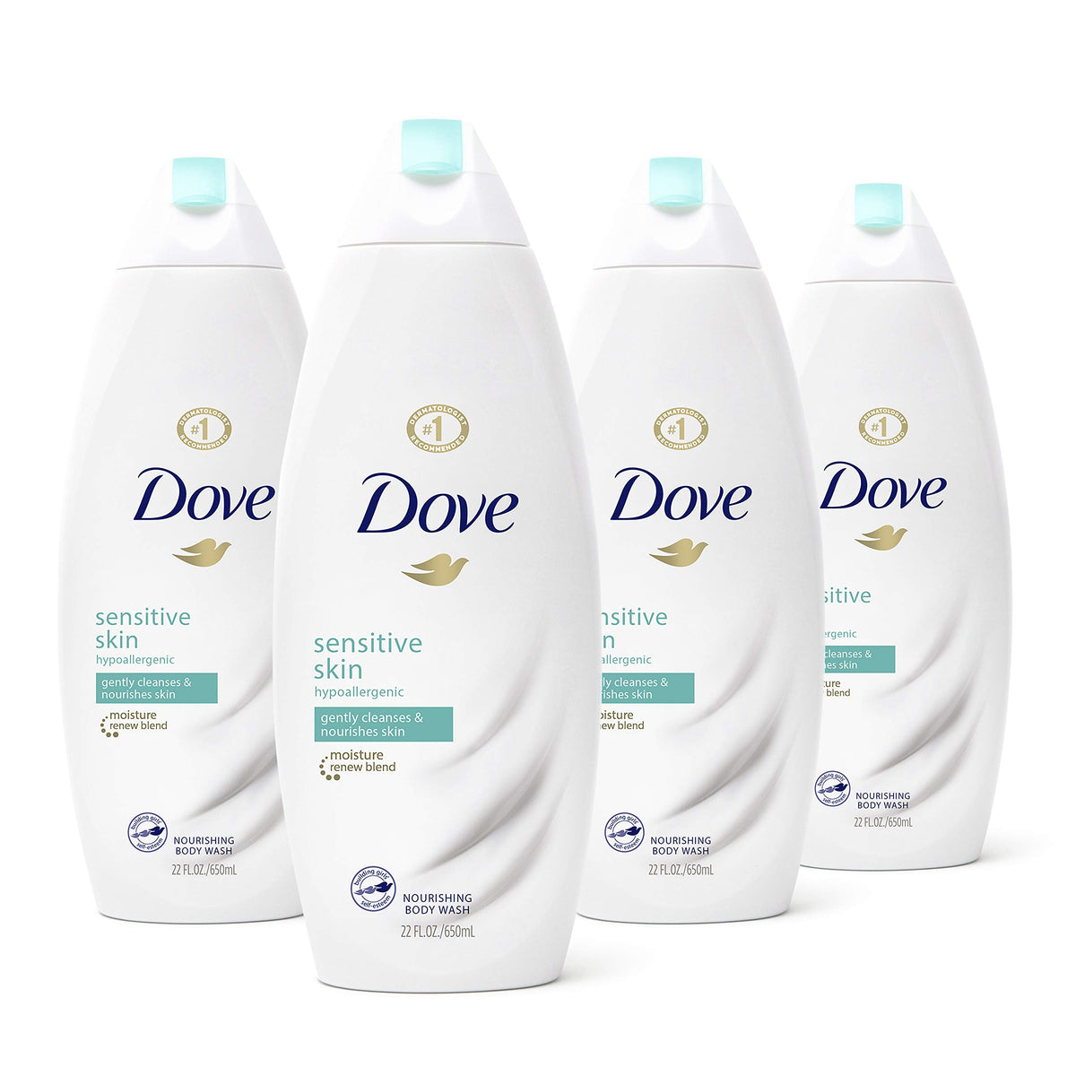 Dove bottle front packaging showing gentle sensitive skin formula and softening benefit