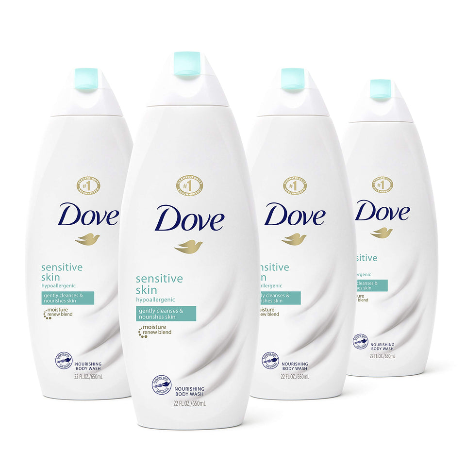 Dove bottle front packaging showing gentle sensitive skin formula and softening benefit