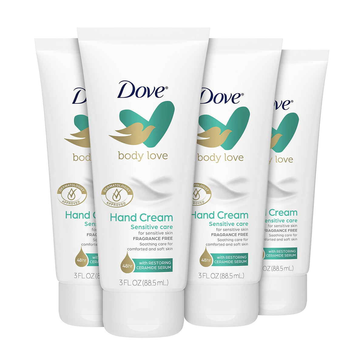 Dove bottle front packaging showing product name and fragrance-free benefit