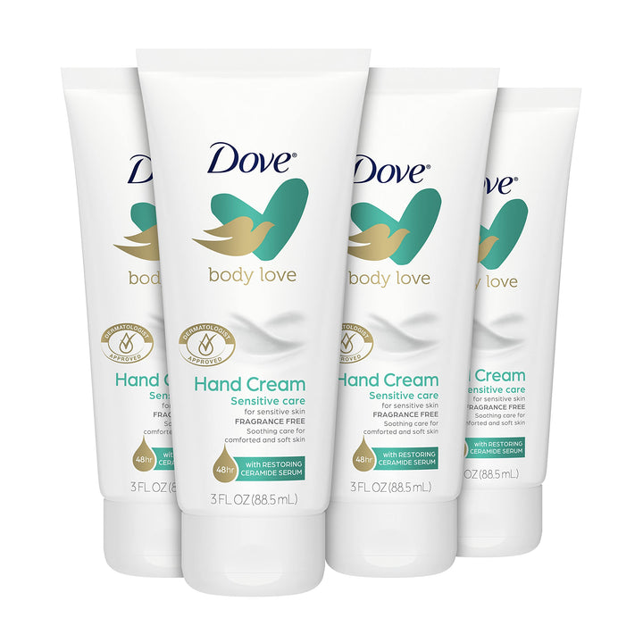 Dove bottle front packaging showing product name and fragrance-free benefit