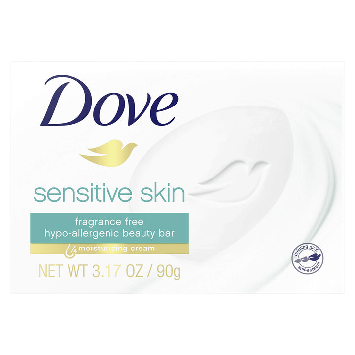Dove sensitive skin beauty bar front packaging showing multipack and gentle benefit
