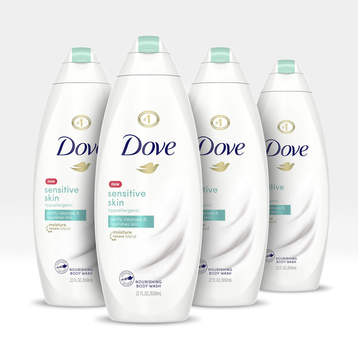 Dove sensitive skin body wash front packaging showing bottle and label for gentle cleansing