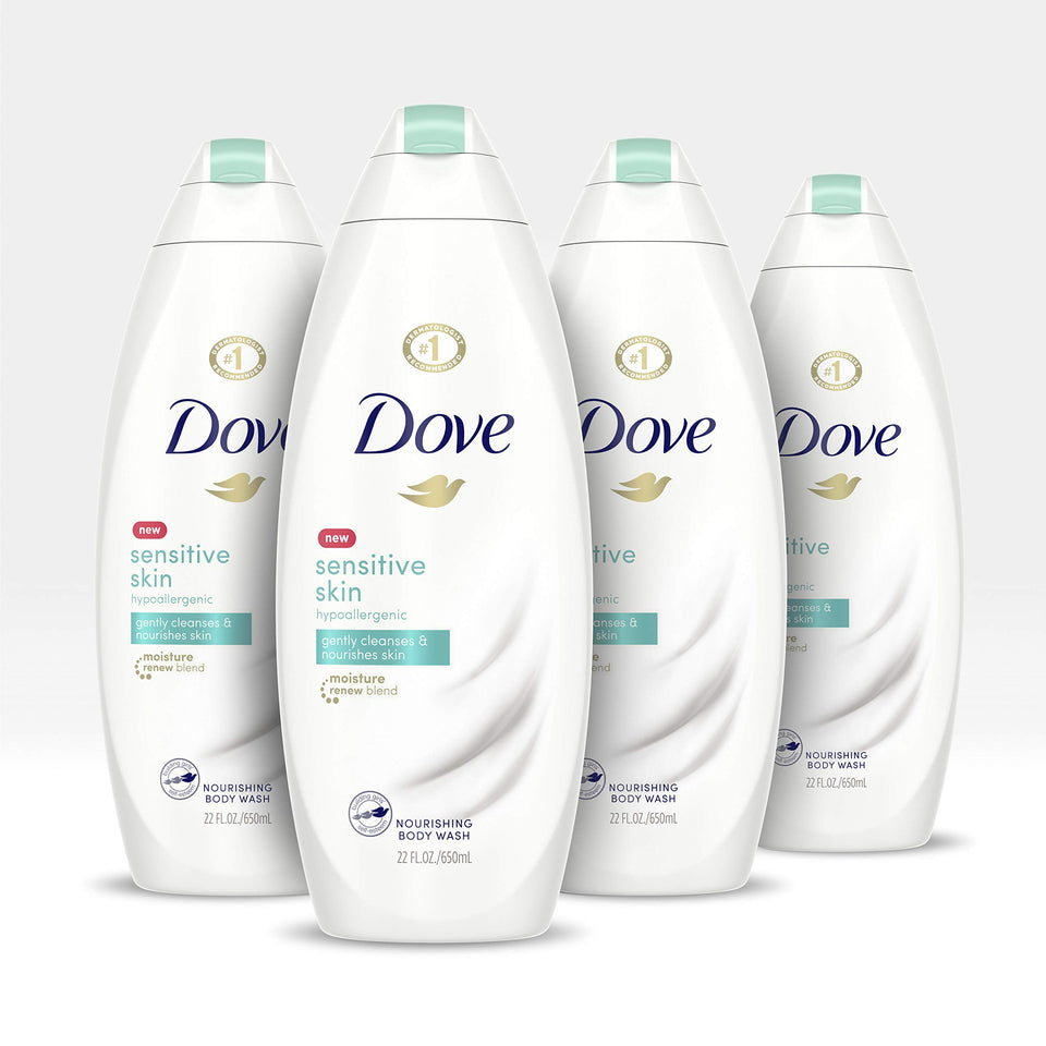 Dove sensitive skin body wash front packaging showing bottle and label for gentle cleansing