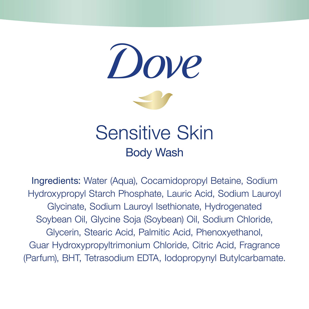 Dove sensitive skin body wash pump and label detail highlighting hypoallergenic benefit