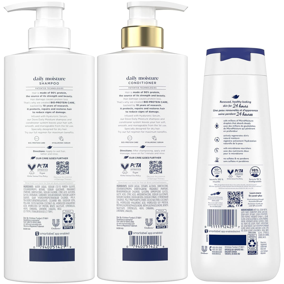 Dove shampoo and conditioner side by side highlighting matching formulas and scent