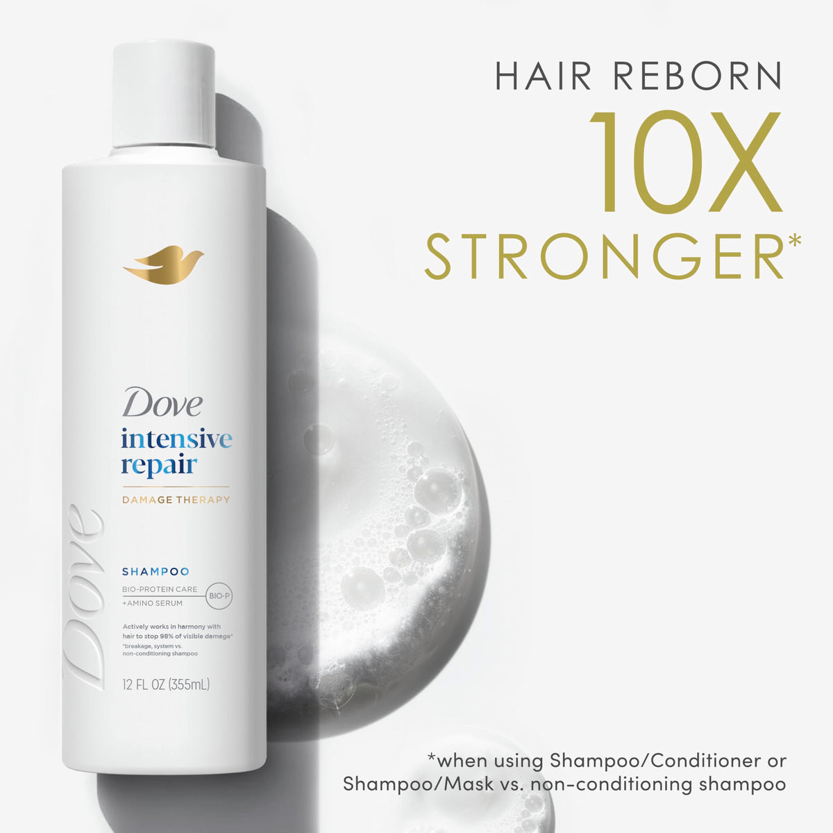 Dove intensive repair shampoo foam texture close-up shows rich conditioning benefit