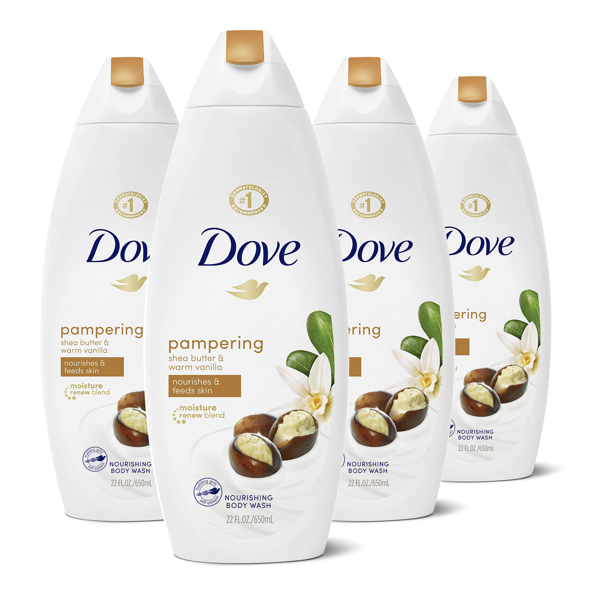 Dove bottle front showing shea butter and warm vanilla, moisturizing benefit