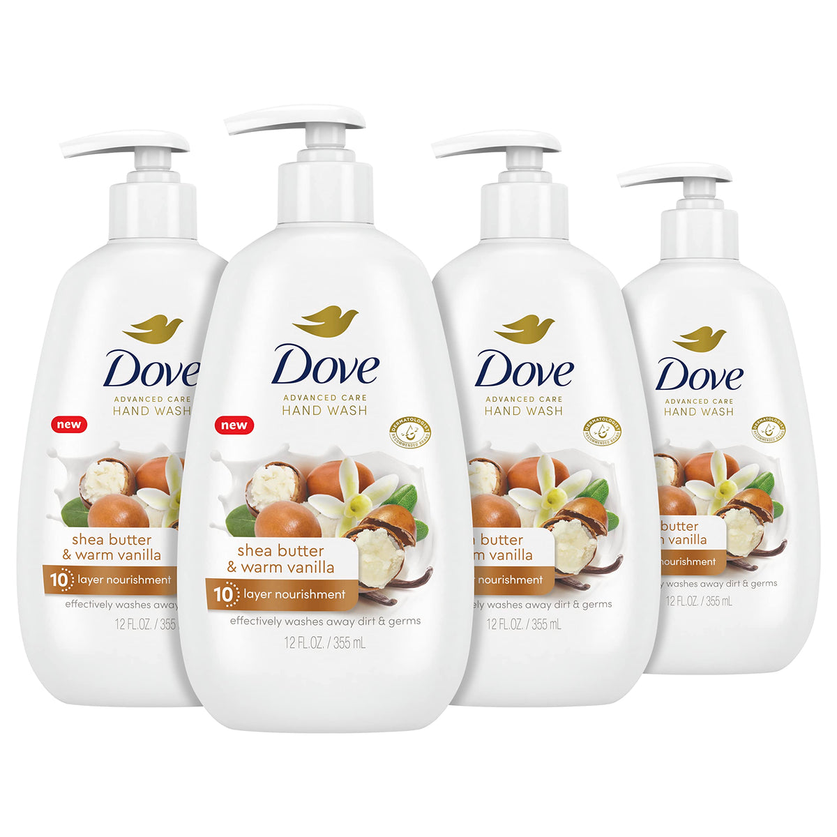 Dove bottle front packaging showing label and 12 oz size for easy identification and moisture benefits