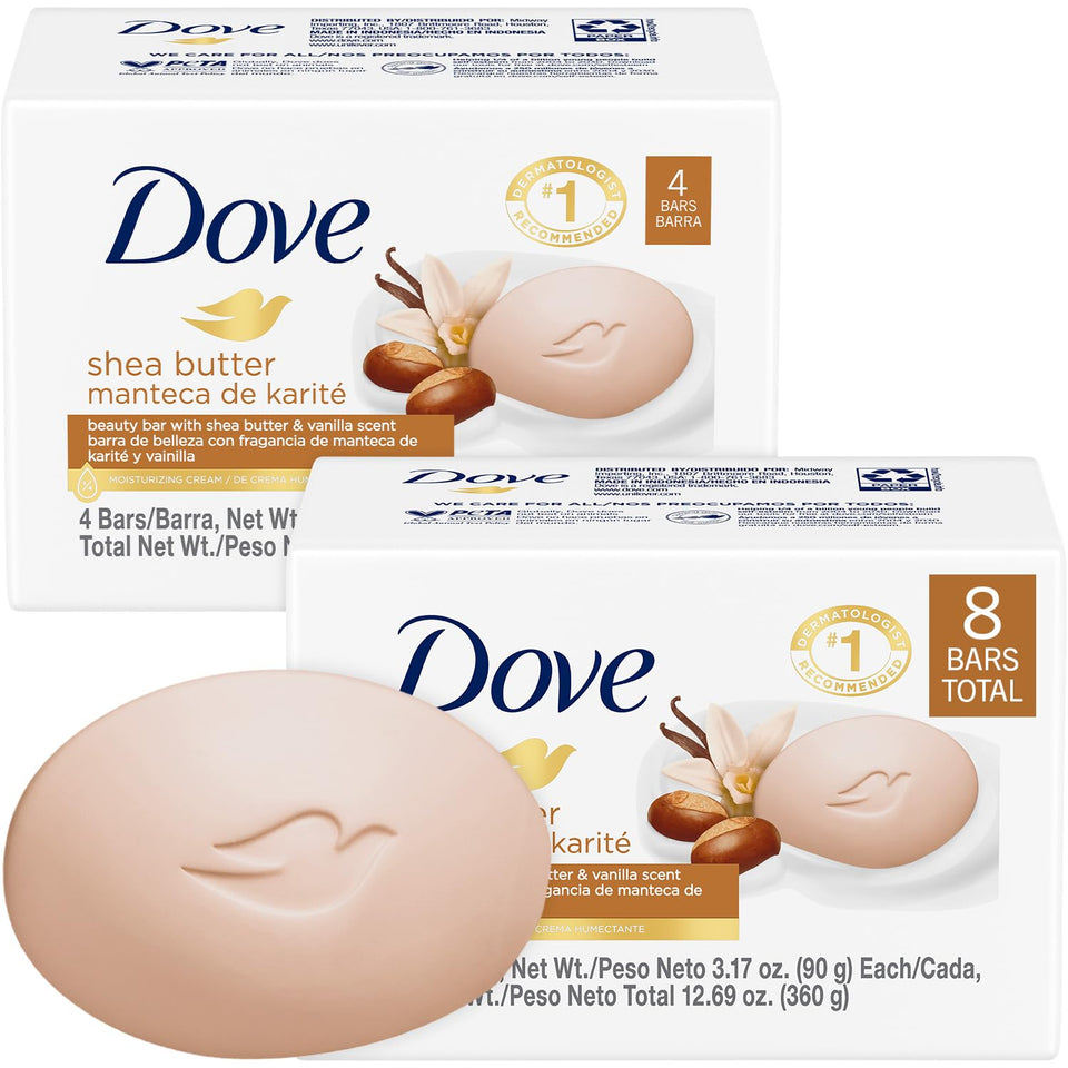 Dove shea butter & vanilla front packaging showing product name and moisturizing claim